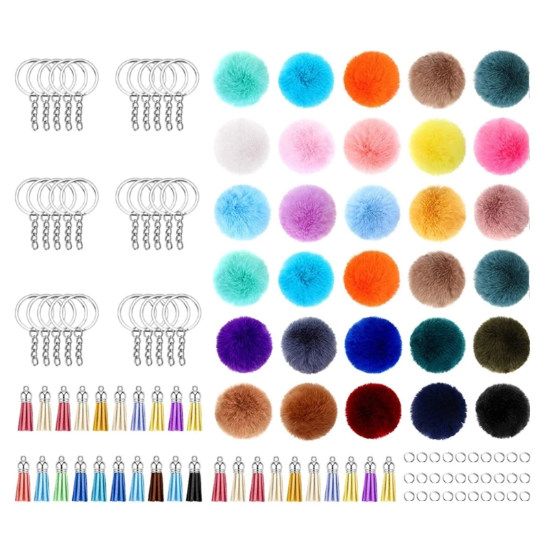 30Pieces Pom Pom Keychains Set with Fluffy Faux Fur Pompom Tassels and Keyrings