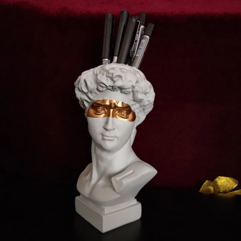 Golden Eye David Head Resin Statue,Dried Flower Fresh Flowers Vase,Makeup Brush Pen Storage Ornaments,Home Decoration Flower Pot 5