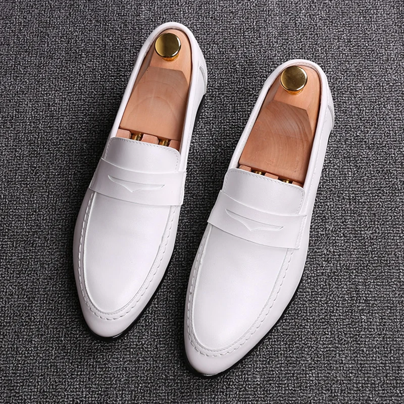 

men black white business wedding dress breathable genuine leather shoes slip-on oxfords shoe point toe gentleman loafers sapatos