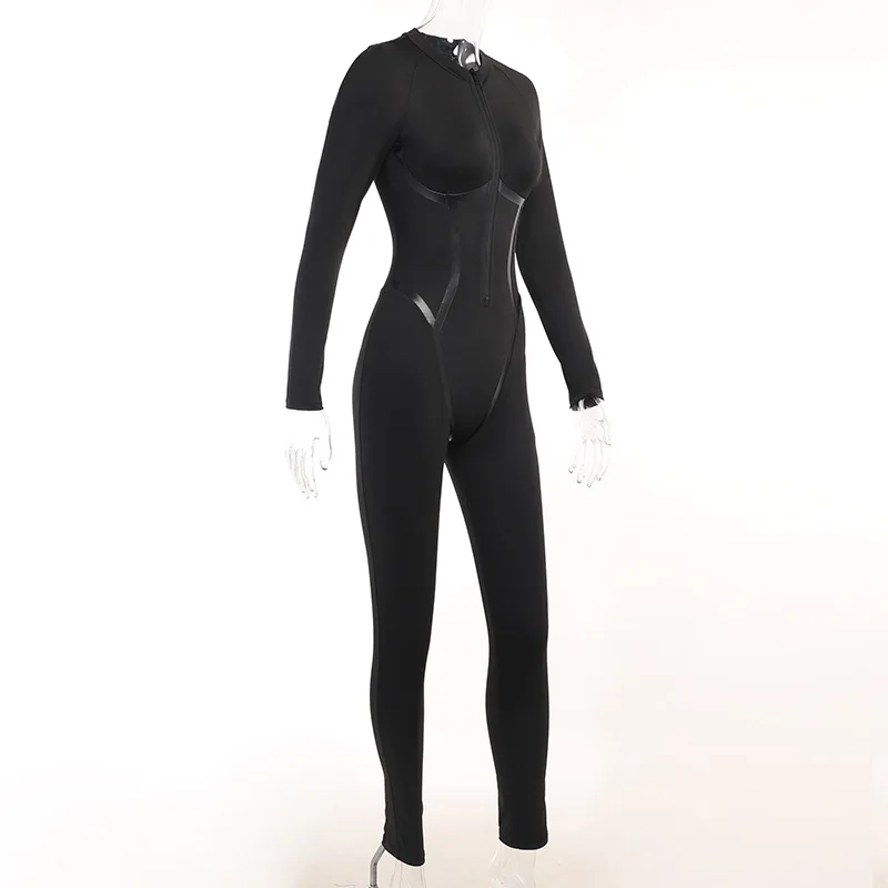 Mono deportivo de cuero con cremallera y cintura ajustada para mujer, mono de primavera con manga larga y retazos de cinta con abertura, monos de calle