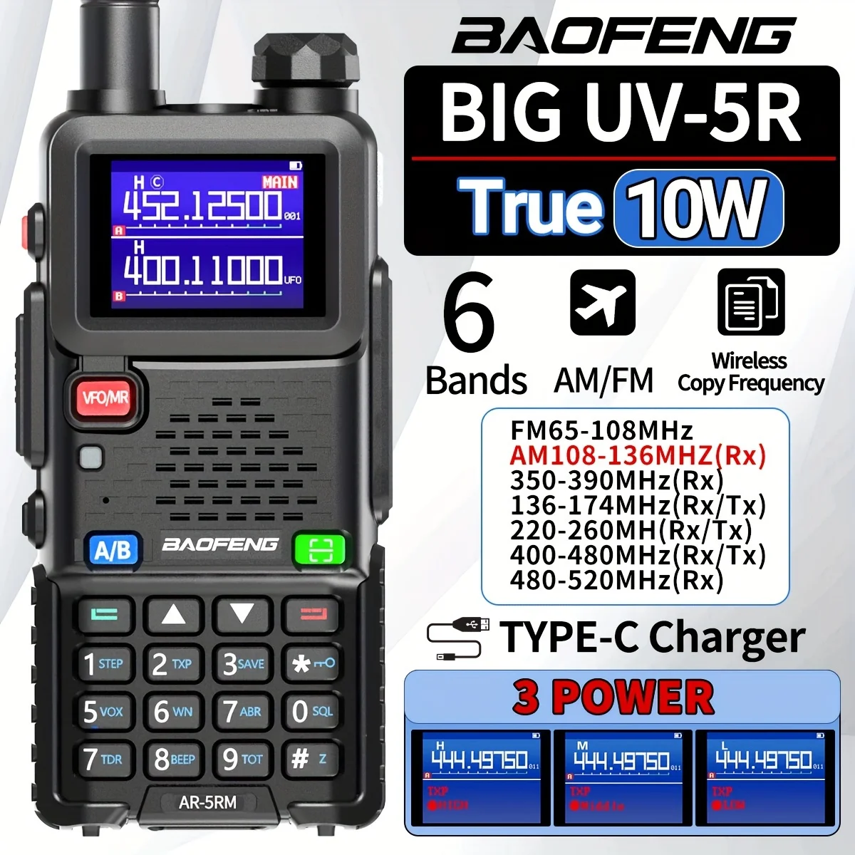 

Baofeng UV-5RH Walkie Talkie Long Range Wireless Copy Frequency Air Band Ham Two Way Radio Type-C Charger High Power Upgraded