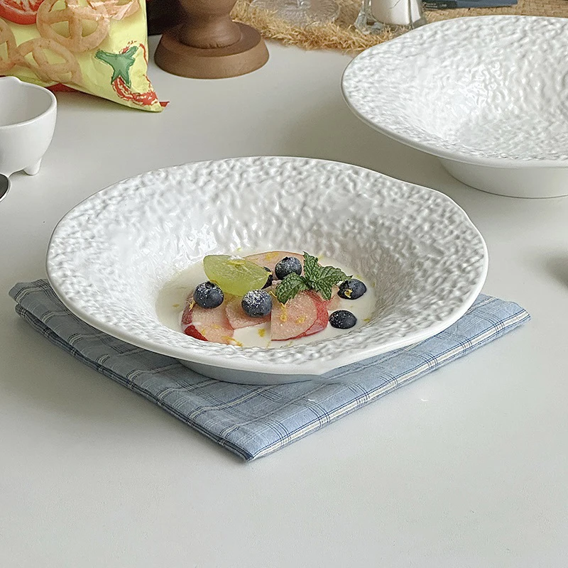 Embossed Ceramic Dinner Plate Light Luxury Creative White Deep Plate Household Dessert Salad Kitchen Tableware