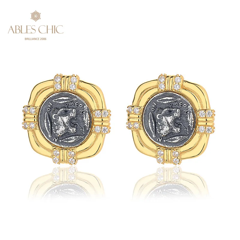 

Roaring Lion Greek Coins 18K Gold Tone Solid 925 Silver Roman Coin CZ Accent Stud Earrings E1015