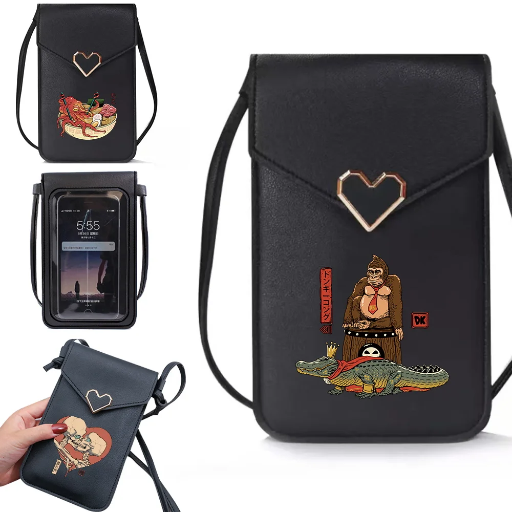

Women's Messenger Bags PU Mobile Phone Bag Hang Neck Coin Purse Vertical Handbag japan Print Mini Protective Crossbody Bag