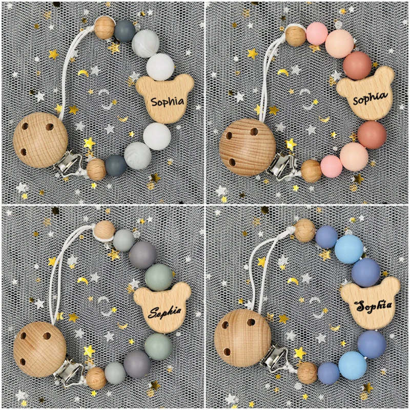 Clip de chaîne de sucette en bois pour bébé, nom personnalisé, perle en Silicone, porte-mamelon factice avec nom, pendentif de dentition, cadeau pour nouveau-né