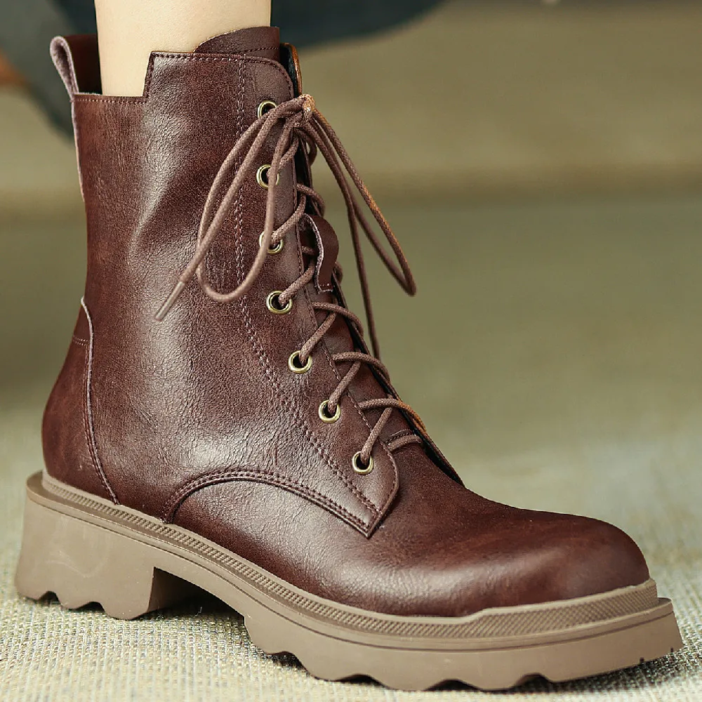 

Women's genuine leather lace-up flats autumn ankle boots round toe casual female short motorcycle boots winter daily shoes women