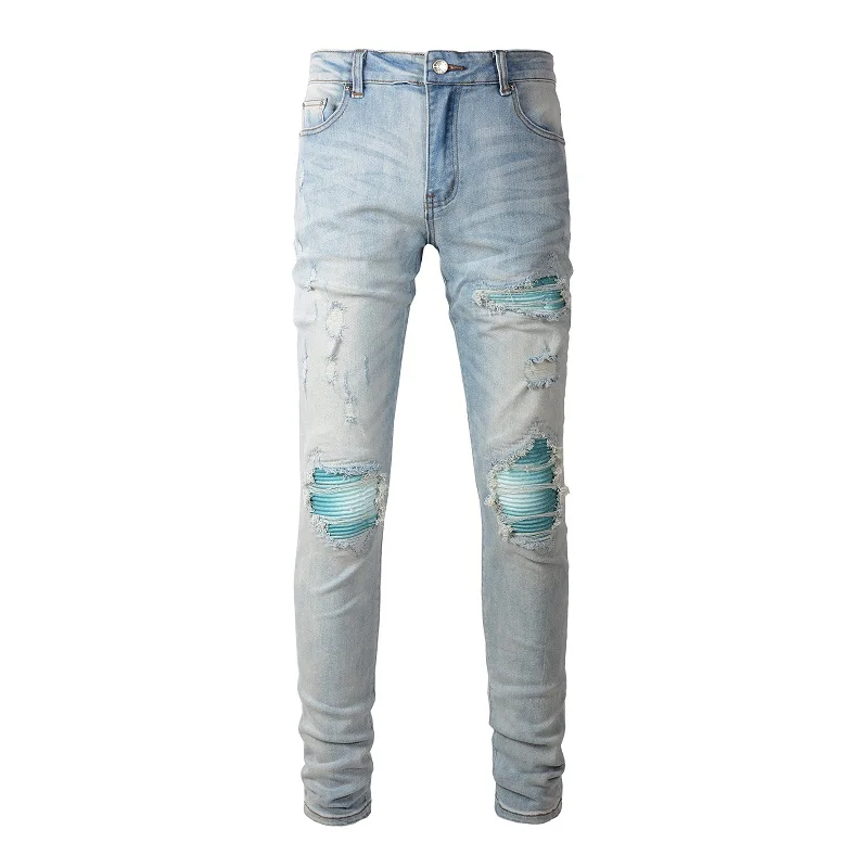 Jeans de motociclista plissado rachado para homens,