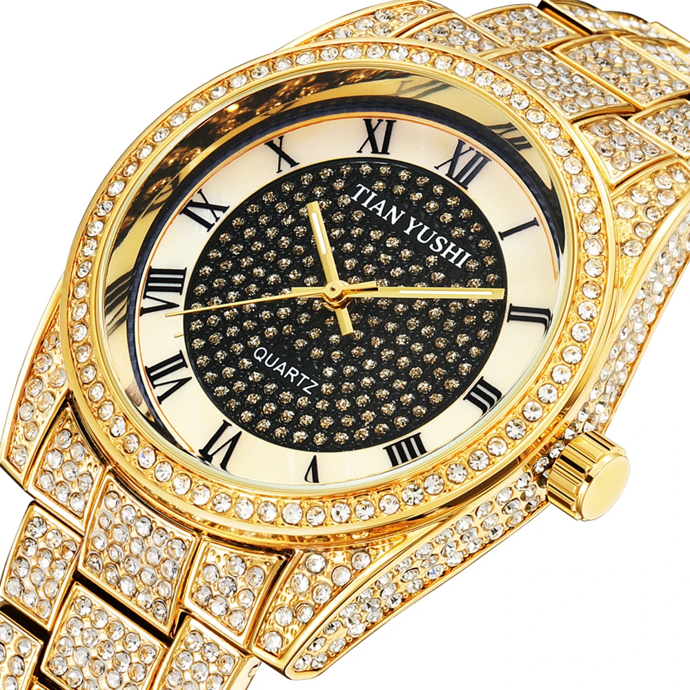 Gold Full Diamond Watch Men Luxury Quartz Round Wristwatch Male Stainless Steel Sliver Clock Round Dial Relogio Masculino Hombre