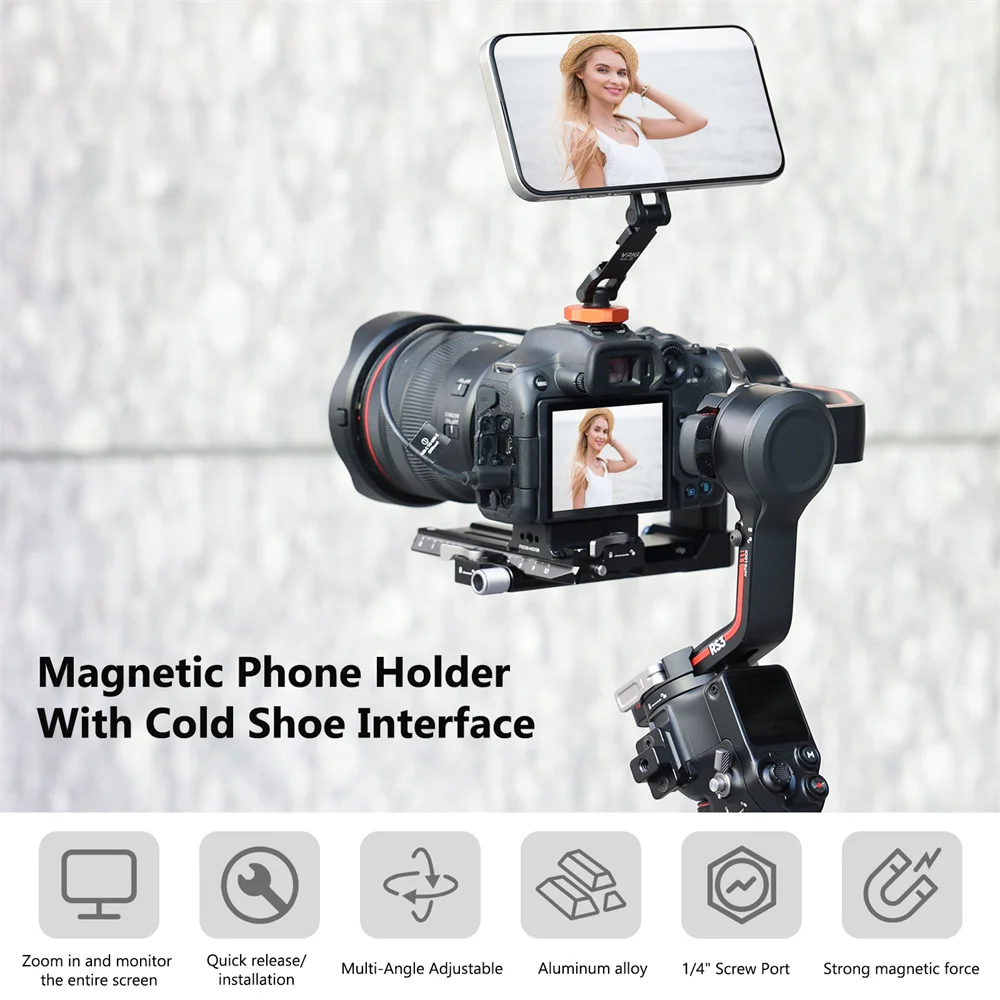 VRIG 마그네틱 콜드 슈 마운트 폰 홀더 W 1/4 폰 삼각대 마운트 (MagSafe 아이폰 16 15 14, 삼성 카메라, 마이크, 라이트, 모니터용)