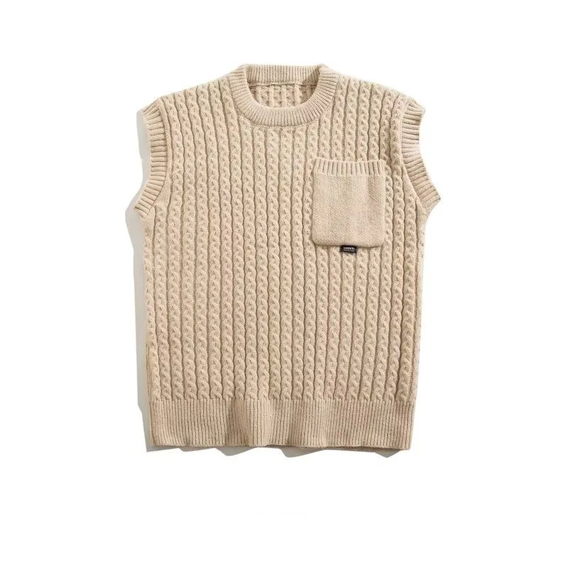 New Warm Sleeveless Knitted Sweater Korean Edition Men And Women's Thread Texture Academy Style Pullover Sweater Tank Top Khaki