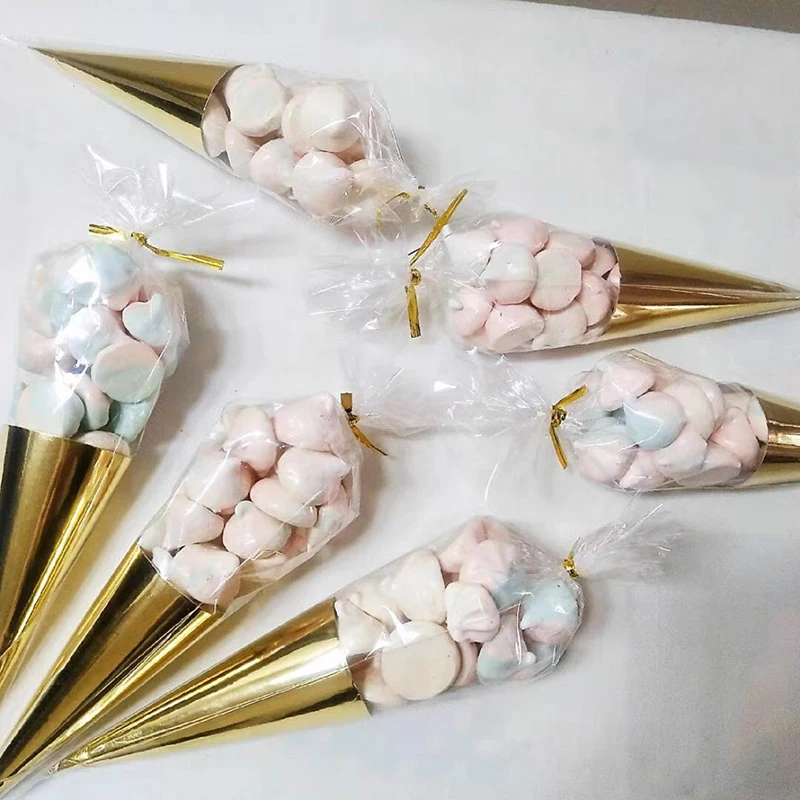 50/100 Stück transparente kegelförmige Süßigkeitentüten, Lebensmittel-Snack-Verpackung, Plastiktüte mit Bändern, Hochzeit, Geburtstag, Party, Gastgeschenke, Dekoration, DIY-Geschenktüte – Detail 5
