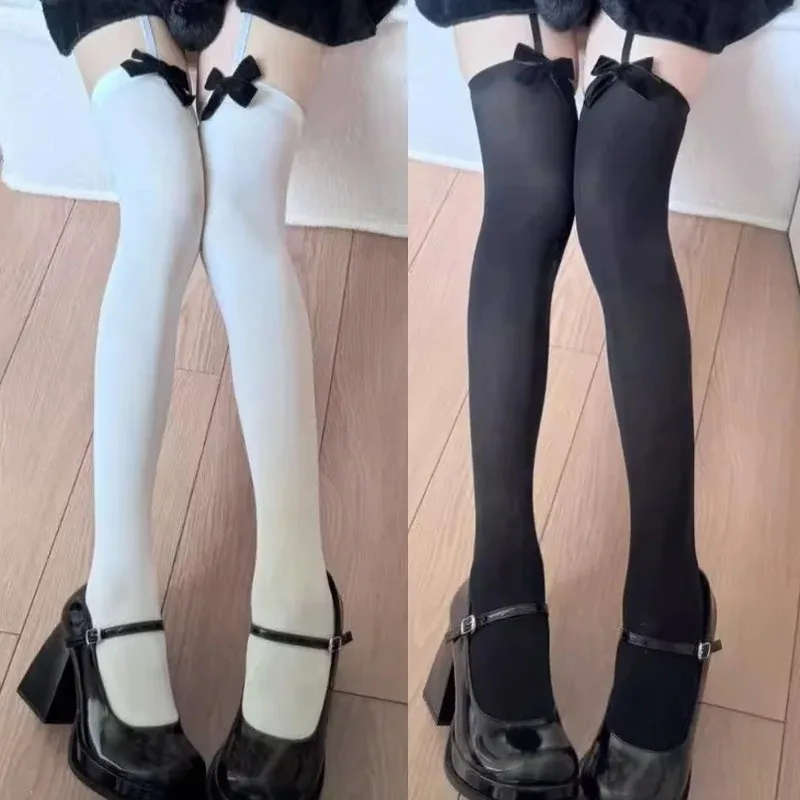 Neue Übergrößen-Beinring-Strümpfe mit Schleife, Transparente Schwarze Seidenstrümpfe über dem Knie, Reine Overknee-Strümpfe für Damen – Detail 2