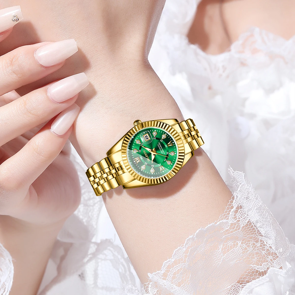 Modische Damen-Quarzuhr mit Roma-Zifferblatt, Strass, Edelstahl, Kalender, Armbanduhren, Reloj Mujer, Geschenk (ohne Box) – Detail 15