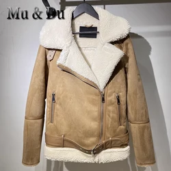 Mu&Du 2023 Winter Jacket Women Faux Suede Thick Belt Coat Female Vintage Casual Warm Lamb Wool Zipper Motorcycle Outwear Mujer