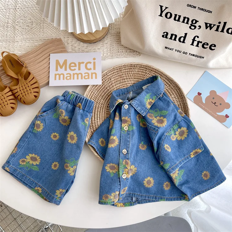 baby clothing set red	 Boys and girls short-sleeved denim shirts cardigan tops children's suits summer baby girl shorts suits fashion two-piece suit baby clothes in sets	