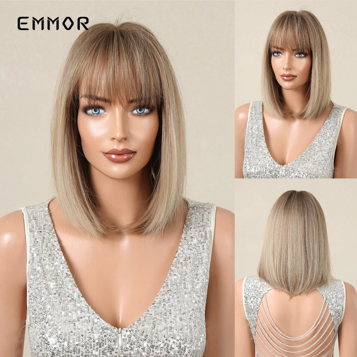 Short Synthetic Emmor Platinum Curly Wigs with Bangs Light Brown Bob Wavy Hair for Black Women Cosplay Natural Heat Resistant