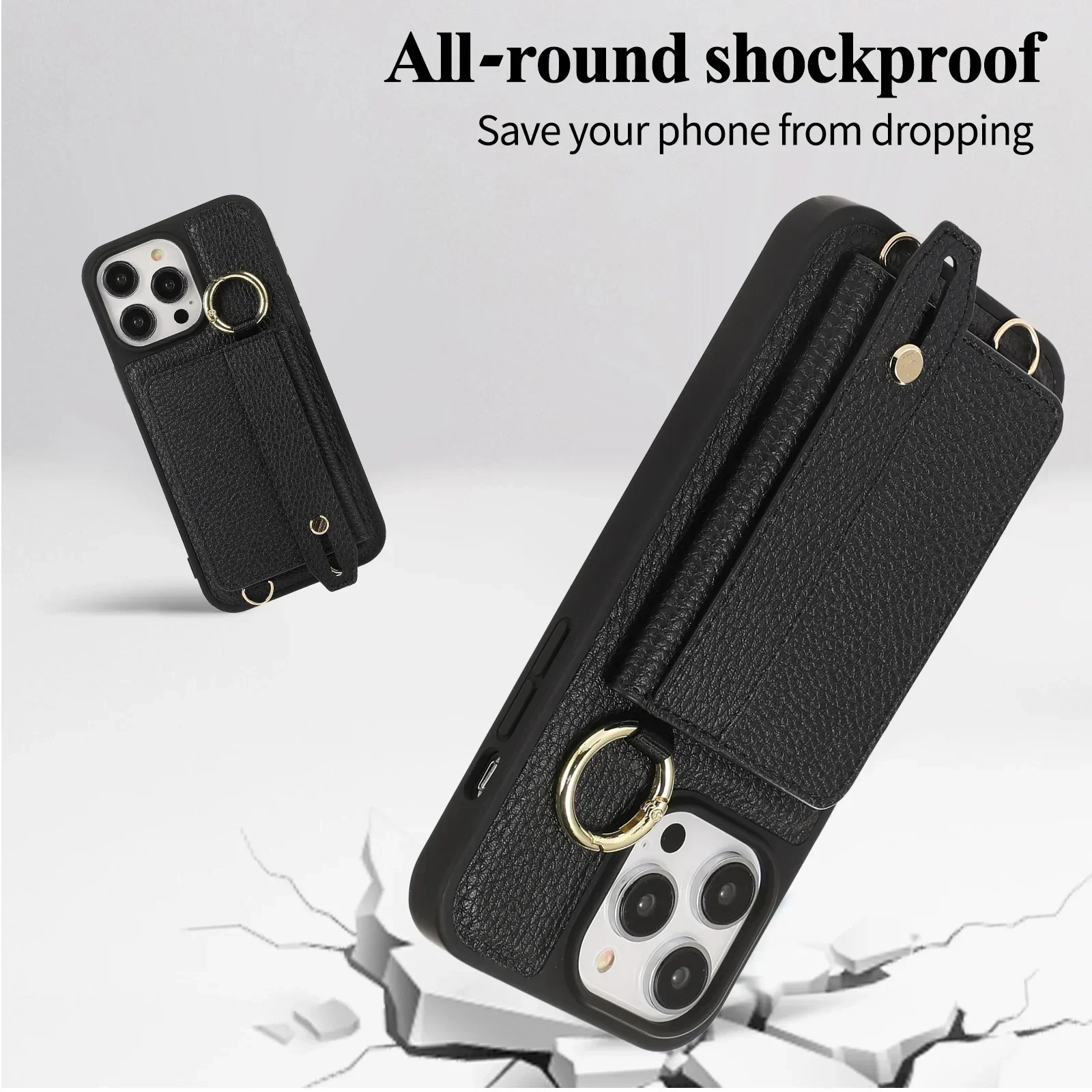 Leather Wristband Wallet with Card Slot and Crossbody Design, Featuring Ring Holder and Lanyard