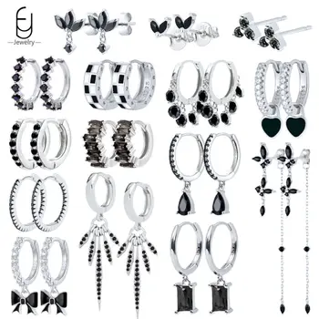 925 Sterling Silver Ear Buckles Fashion Hoop Earrings Black Crystal Pendant Silver Earrings High Quality Women's Jewelry Gifts