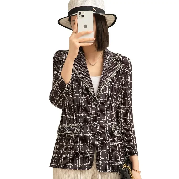 Miyake Pleated Suit Jacket Women 2024 Spring and Autumn New Fashion Commuter Single-breasted Printed Fashion Versatile Short Top