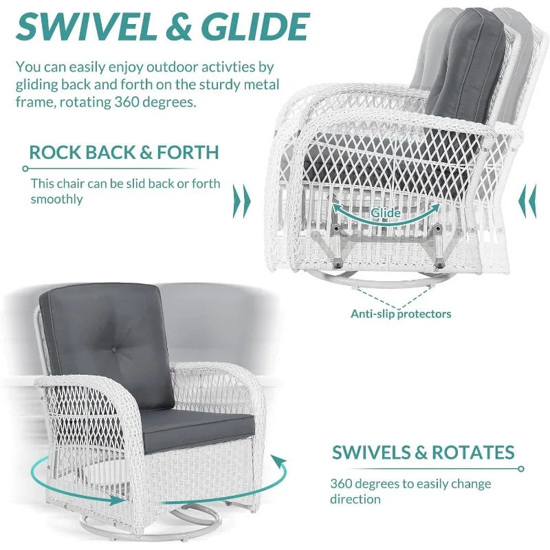 MEETWARM 3 Pieces Outdoor Wicker Swivel Rocker Patio Set, Rocking Chairs Rattan Patio Furniture Sets with Thickened Cushion and 5