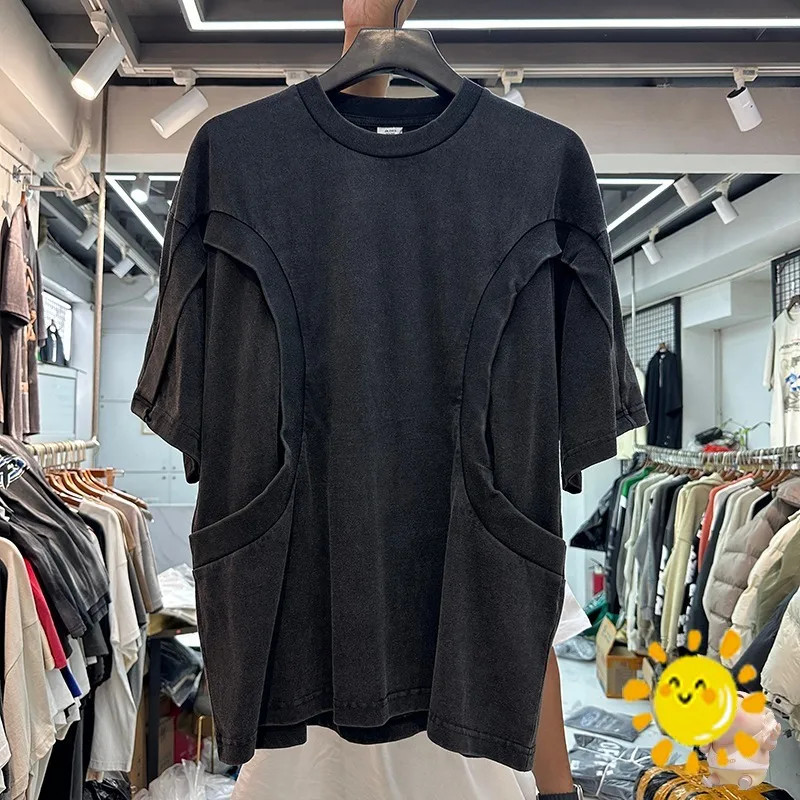 

Двухслойная швейная футболка 24SS для мужчин и женщин, 2024ss, Винтажная футболка, высококачественные толстые тканевые топы, оверсайз, с коротким рукавом