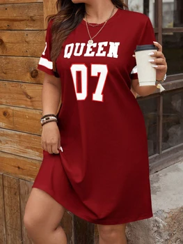 Plus Size Women's Summer Music Festival Pattern Sporty Casual Letter Print Fashionable 07 Printed Jersey Tenniscore Dress 1