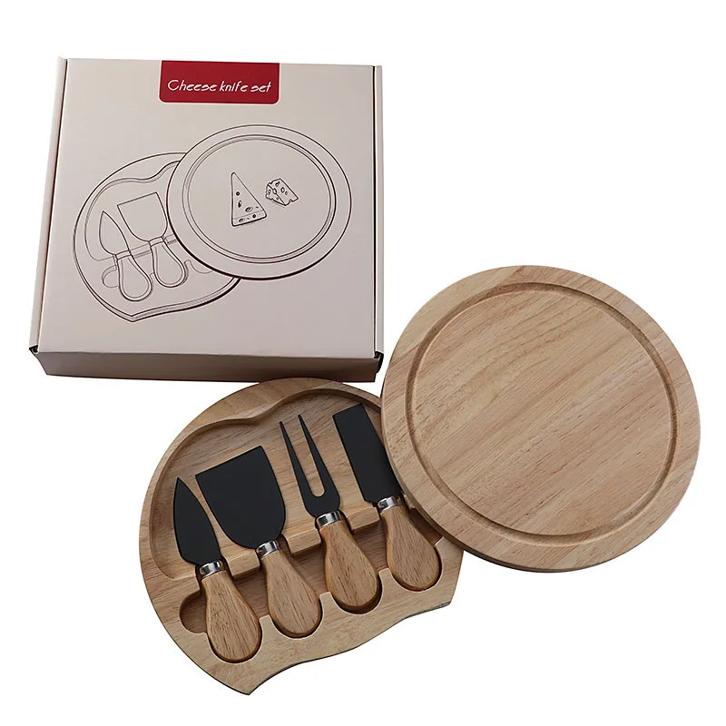 Round Oak Box 4-piece Cheese Knife Spatula Stainless Steel Cheese Tool Tableware Knife Set Gift Box