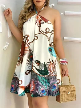 Plus Size Dresses For Woman 2023 Sexy Sleeveless Backless Short Mini Dress Loose Halter Neck Print Beach Sundress Floral Vestido