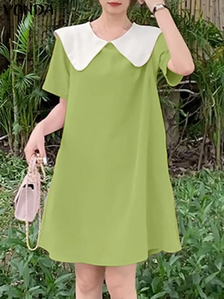 

VONDA Casual Mini Dress 2023 Summer Women Doll Collar Short Sleeve Robe Loose Sundress Color Patchwork Bandage Basic Vestido