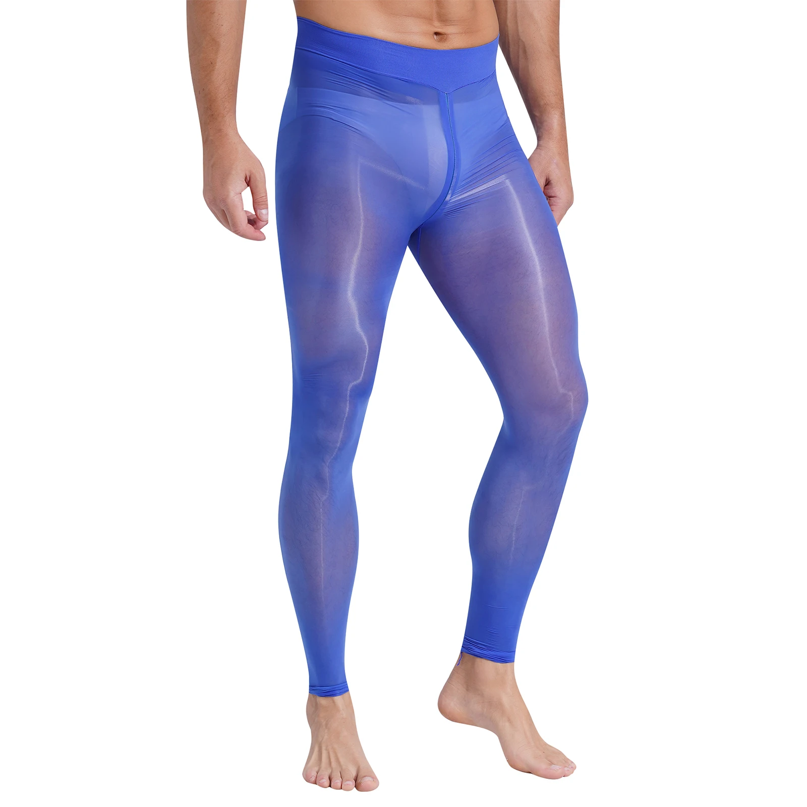 Mens Zipper Crotch Sheer Pantyhose Oil Shiny Glossy Stockings Stretchy See-through Tights Elastic Waistband Leggings Clubwear