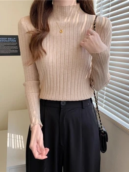 Women Clothes Long Sleeve Slim Basic Pullover 2025 Autumn Winter Knitted Ribbed Turtleneck Sweater Woman Sweaters Solid Tops