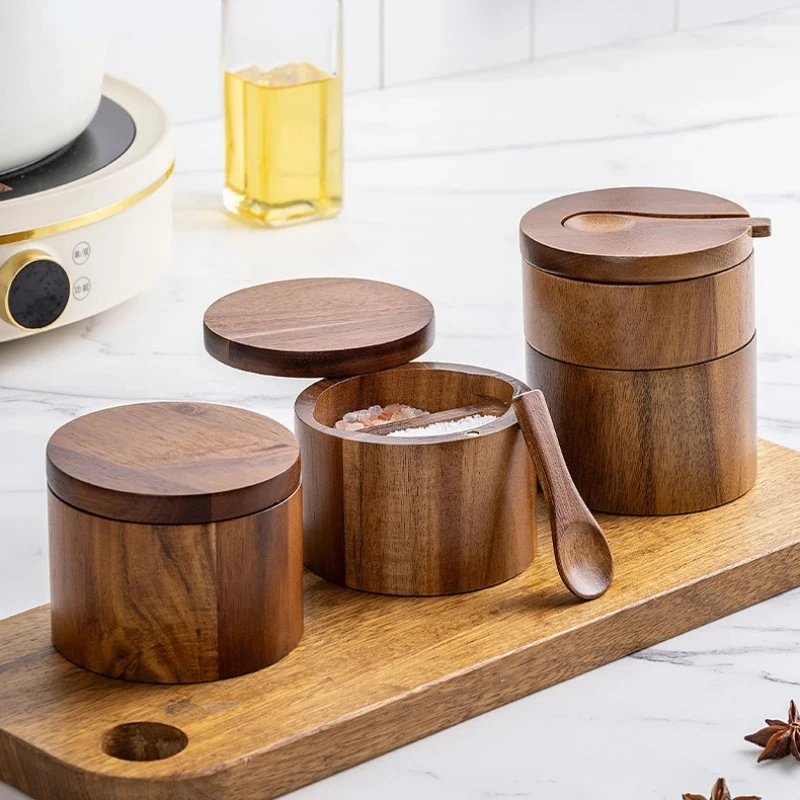 Wooden Seasoning Jar Pepper Salt Shaker Seasoning Box Large Capacity Pepper Box with Spoon Magnetic Rotating Lid Kitchen Storage salt shaker spices bottle salt pepper shakers seasoning jar