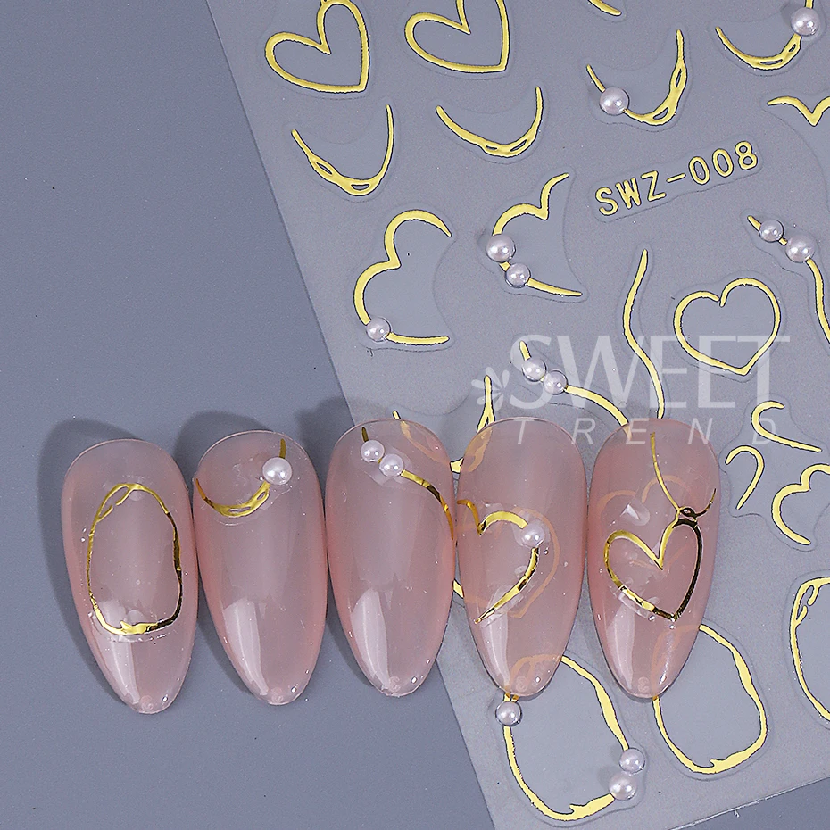 2pcs Bronzing Gold Love Heart Nail Sticker With Rhinestone Irregular Lines Key Y2K Adhesive Decals DIY Charm Manicure Decor Tips