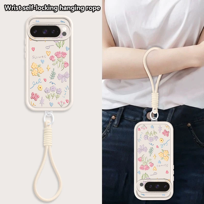 Little Flower Pattern Lanyard Phone Case with TPU Silicone Wrist Strap Cover