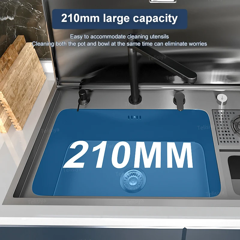 Hidden Cup Washer Sink With Cover Panel Stainless Steel Kitchen Sink With Trash Can Large Single Slot Multifunctional Wash Basin 3