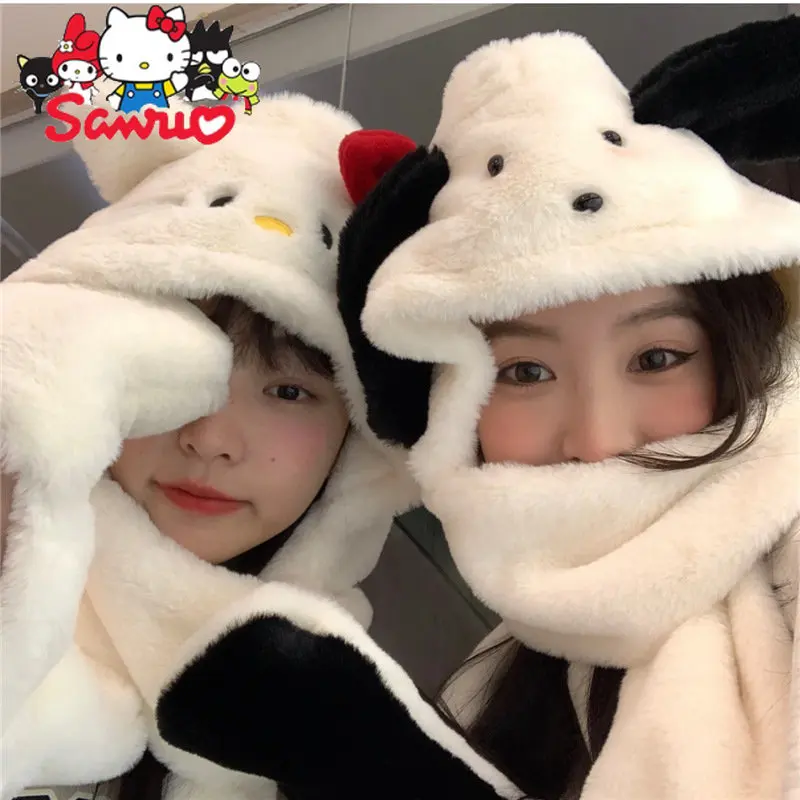 Sanrio Hello Kitty Pochacco Hat Scarf Gloves Three-piece Set Student Couple Winter Soft Kawaii Keep Warm Thick All-in-one Hat candy color baby gloves winter knit wool newborn mittens velvet thick children s kids keep finger warm for 5 10y freeshipping