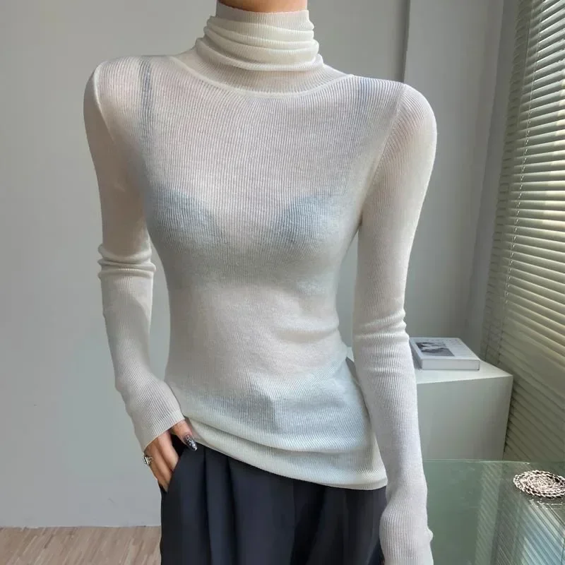 약간 투명한 하이넥 하의 셔츠, 슬림하고 따뜻한 상의, 심플한 파일넥 울 스웨터..