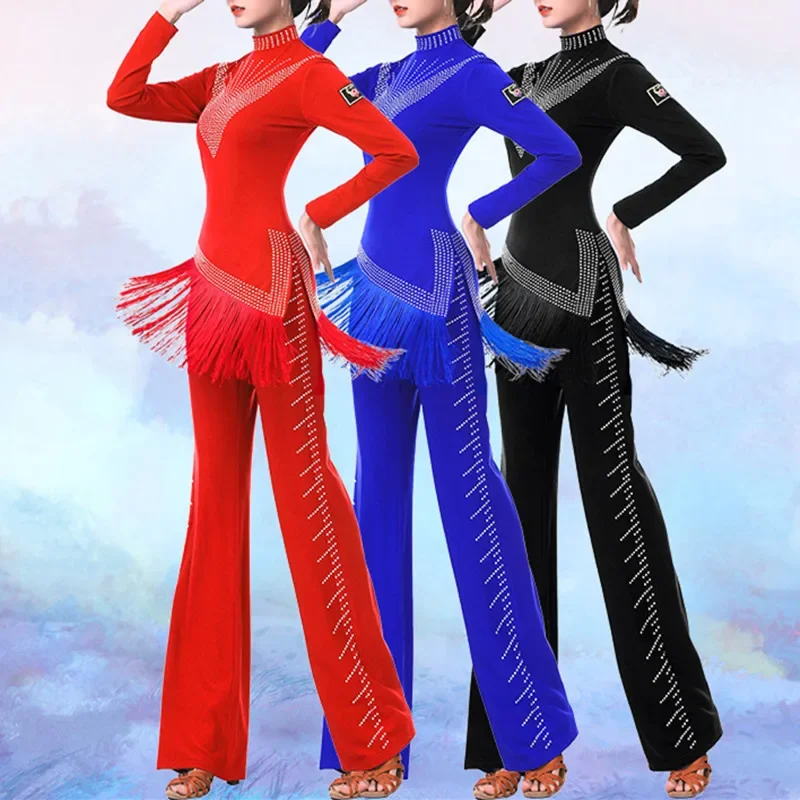 

Off road camp Latin dance top for women adults diamond inlaid velvet crystal linen modern dance practice suit, Gitba dance suit