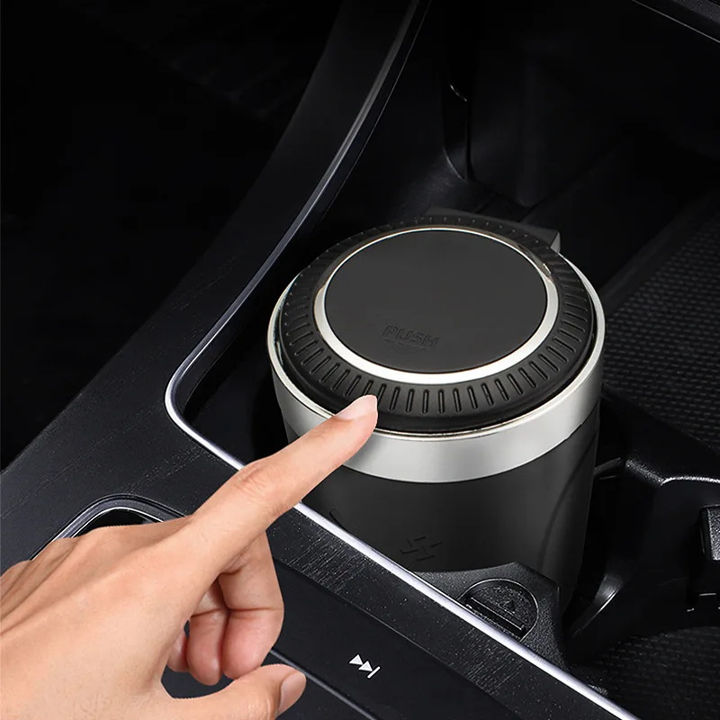 One Click Opening Car Ashtray with Metal Lining LED Light Push Type Splash Proof