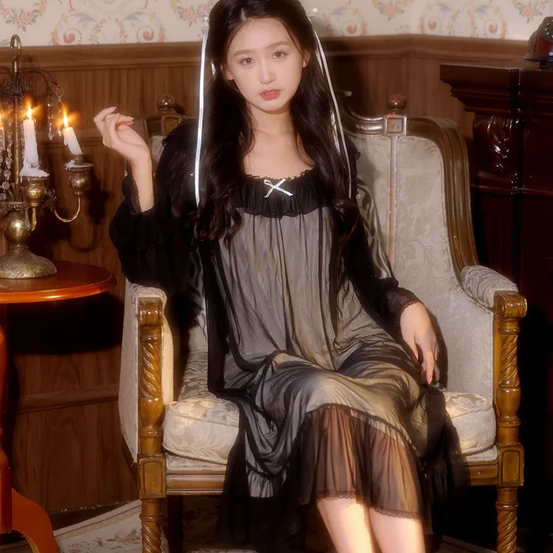 Woman Sweet Round Neck Full Neck Night Dress Pink Long Pajama Princess Pajamas Pajamas