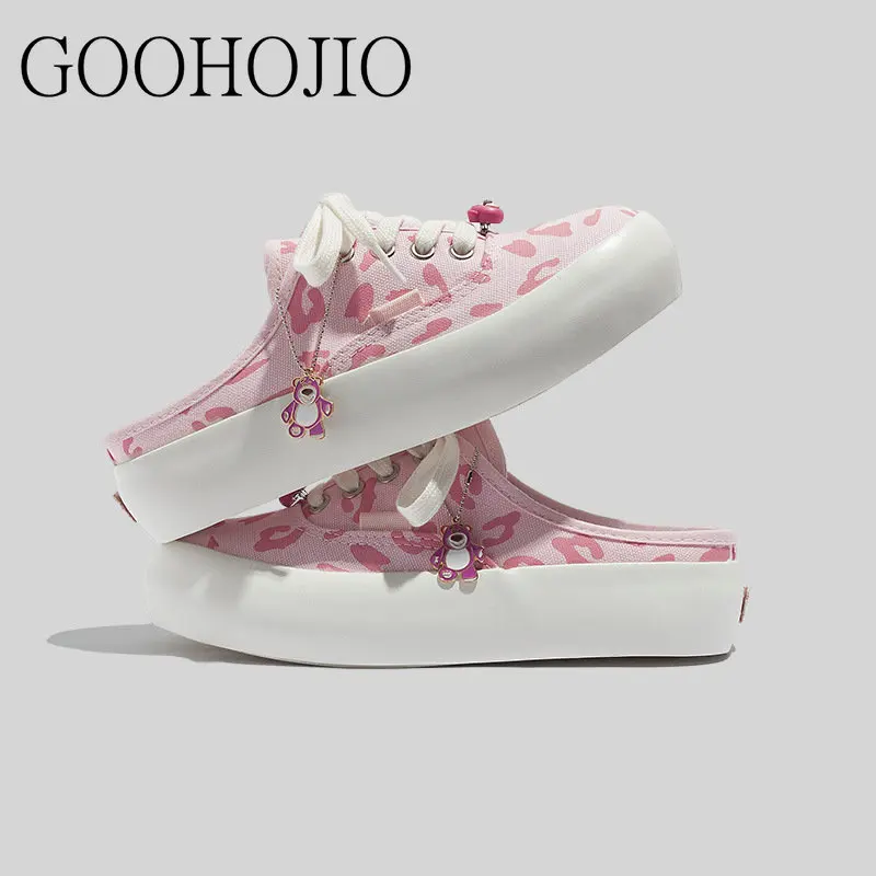 

Designer Pink Leopard Print Slip-on Fashion Women Casual Slippers Outside Women Half Slippers Thick Sole Canvas Women Sandals