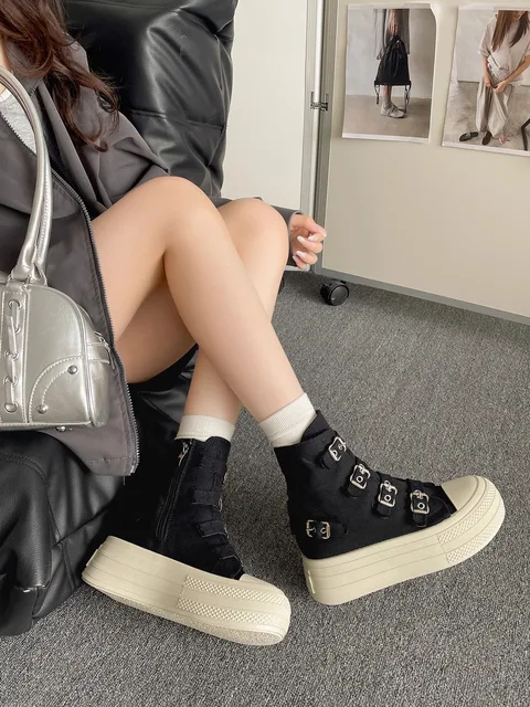 CHABELLA Women's High Top Canvas Shoe Design Buckle Strap Zip Simplicity Female Shoes 2025  High Street Grace Waling Shoes 4