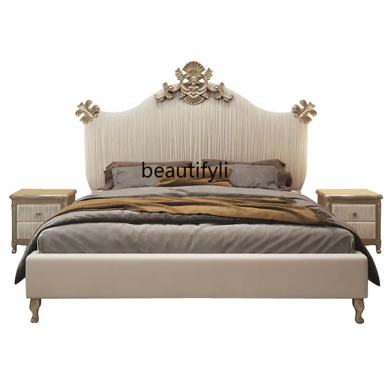 

yj French Entry Lux Bed Solid Wood Double Bed High-End Luxury European Style Marriage Bed Carved Velvet Pleated Soft Bed