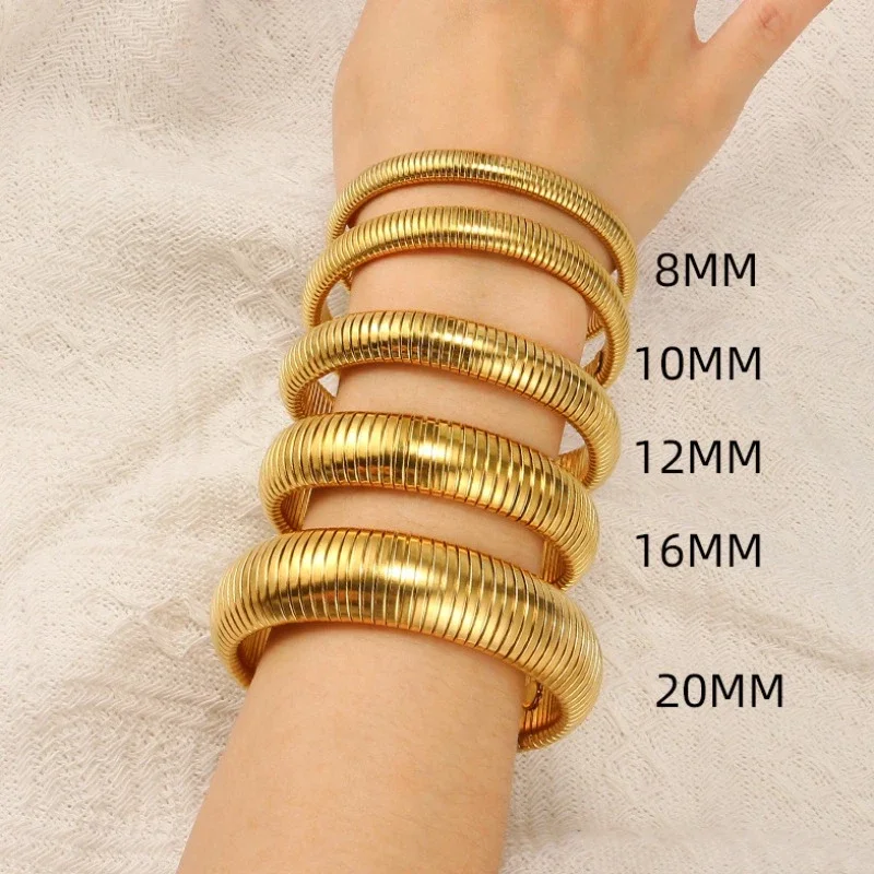 Waterproof Stainless Steel Texture Flex Snake Chain Cuff Bracelet  Retro Elasticity Thick Metal Polish 18K Gold Plated Bangle