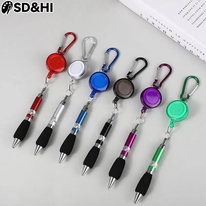 

1pc Retractable Badge Reel Ballpoint Pen Belt Clip Key Chain With Carabiner Key Ring Lanyard Pen Gift Stationery Writing Tools