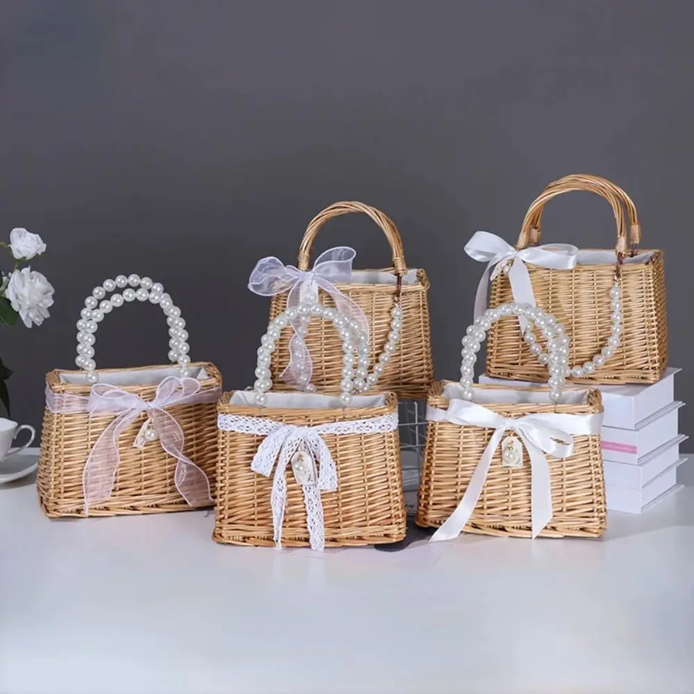 Straw Tote Hand Bags Summer Pearl Handle Handmade Knitted Handbag Storage Rattan Weaving Basket Shoulder Bag Women Girls