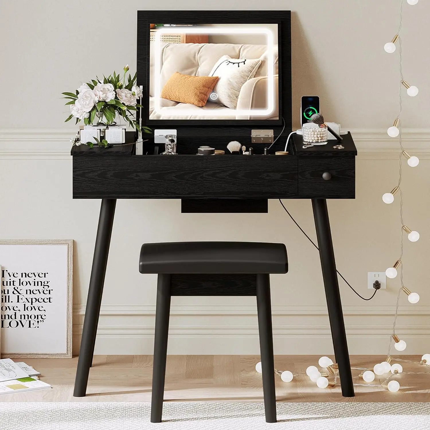 

IRONCK Vanity Desk Set with LED Lighted Mirror & Power Outlet, Flip Top Makeup Vanity Table with Drawers & Cabinet,for Bedroom,