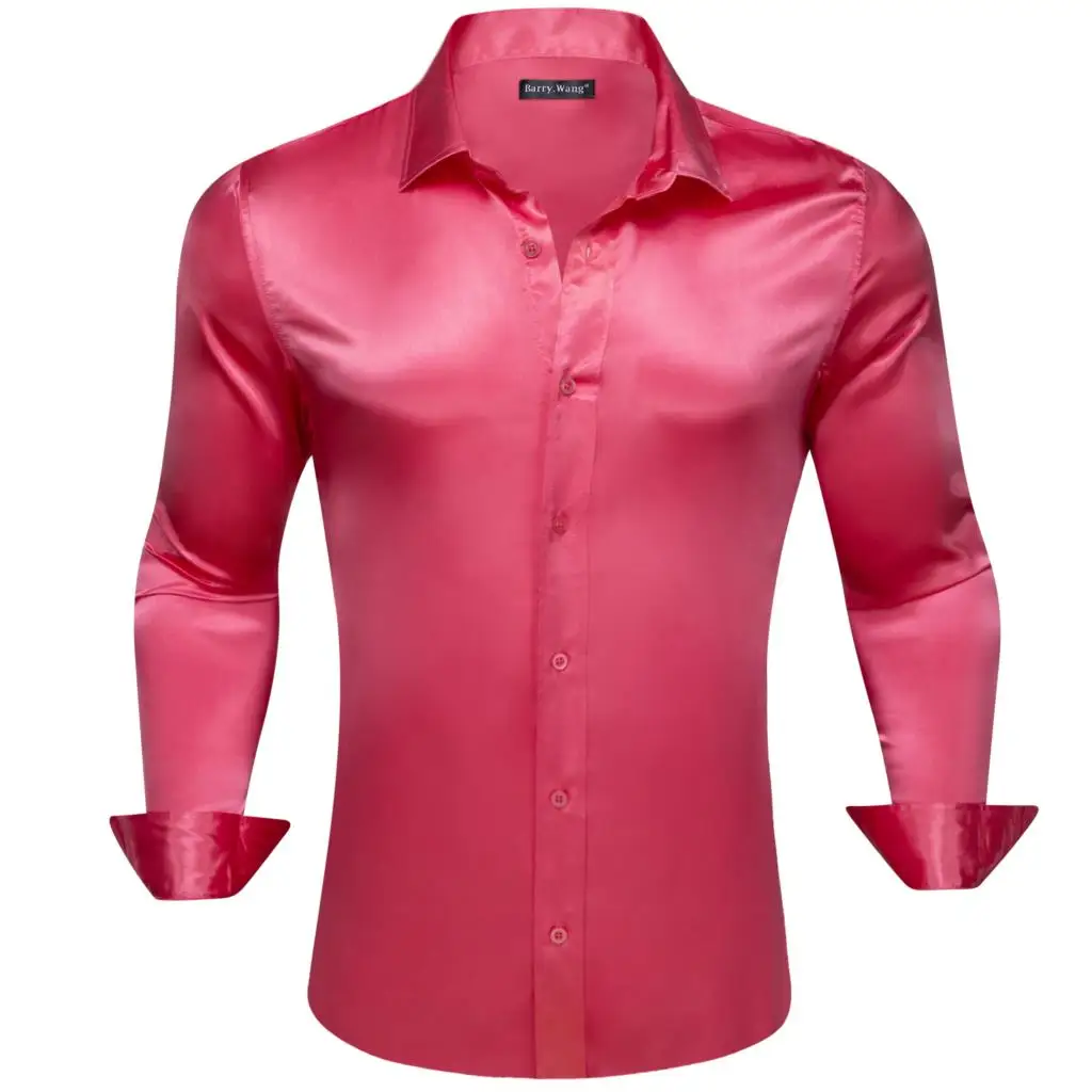 Designer Mens Shirts Silk Mercerized Solid Satin Rose Red Long Sleeve Casual Business Slim Fit Male Blouses Tops Barry Wang