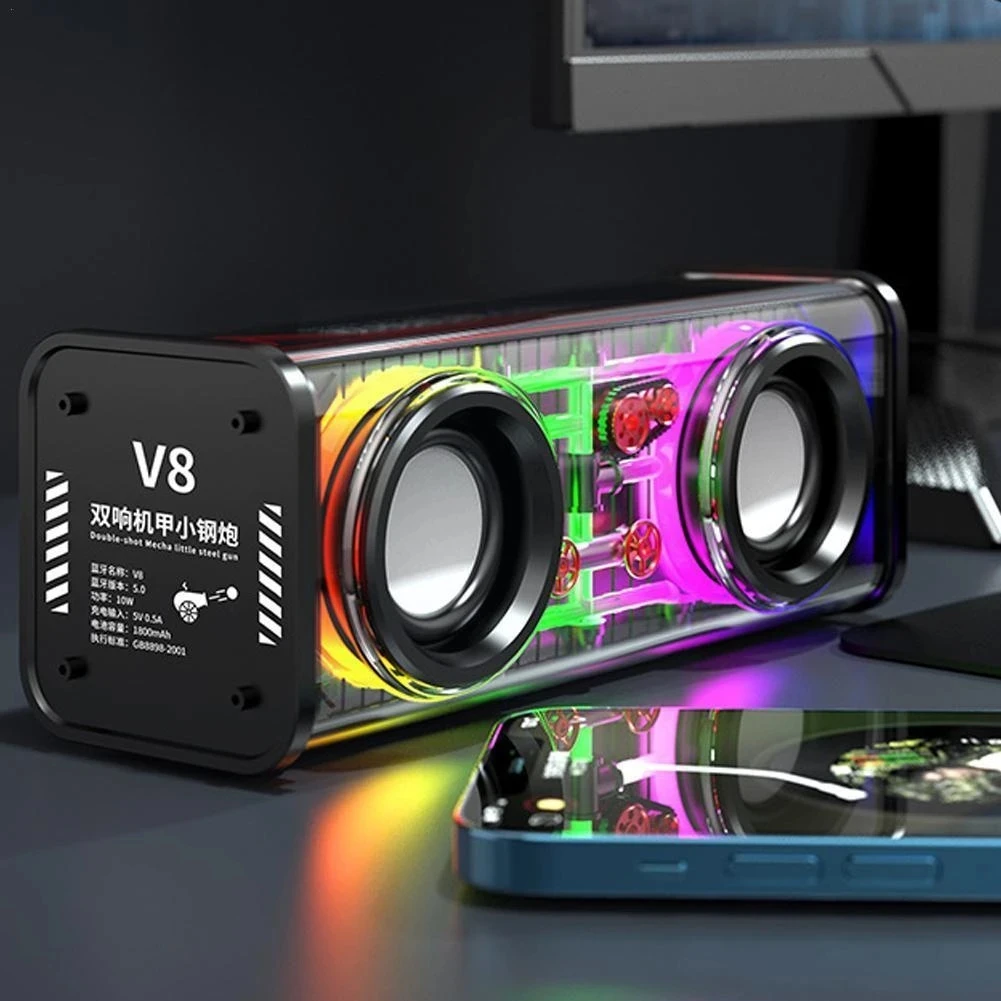 

Transparent mecha style wireless speaker with cool lighting and 1800mAh battery Super Bass Sound Bluetooth portable loudspeaker