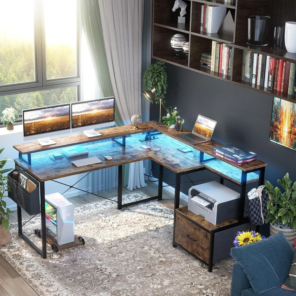 "versatile l-shaped desk with integrated power outlet and led lighting, reversible for dual-purpose use with storage drawer, ide